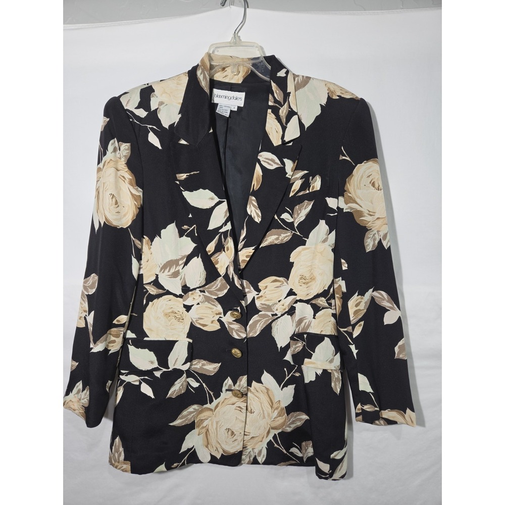 VTG Bloomingdales Floral Womens Blazer 100% Silk Sz 4 Monochrome *Read Defect*